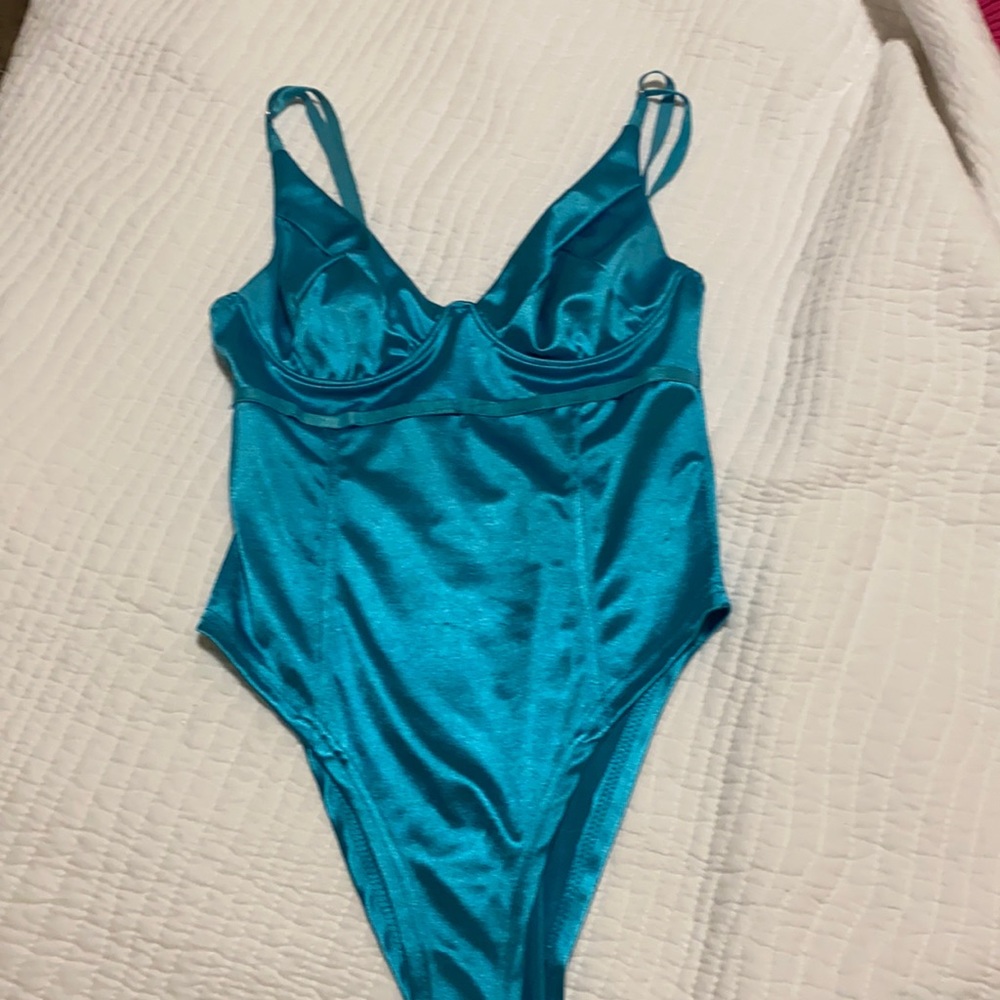 Blue silk body suit